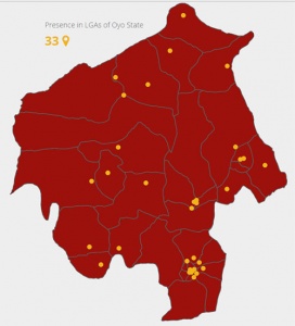 Locations of the 33 ePHC clinics on the Oyo Sttate Map.